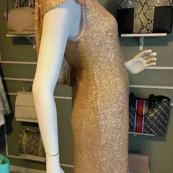 Sorella Vita Cowl Back Sequin Gown Drape Back Gold Cap Sleeve Maxi Dress Sz: 16 - Picture 11 of 15